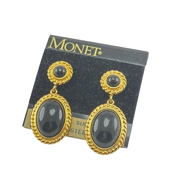 Monet Vintage Black Cabochon Gold Tone Oval Clip On Earrings Elegant Retro - Picture 6 of 6